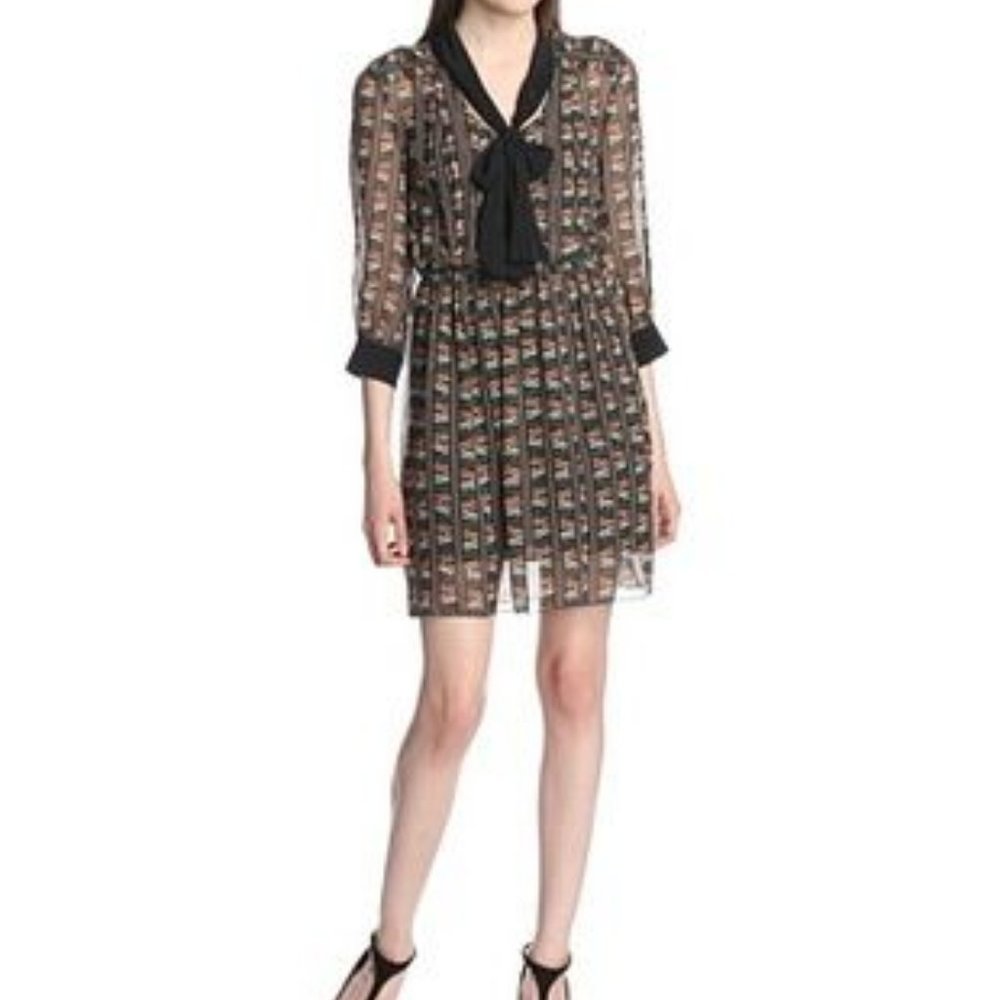 Anna Sui Silk Cat Stripe Dress w/ Neck Tie